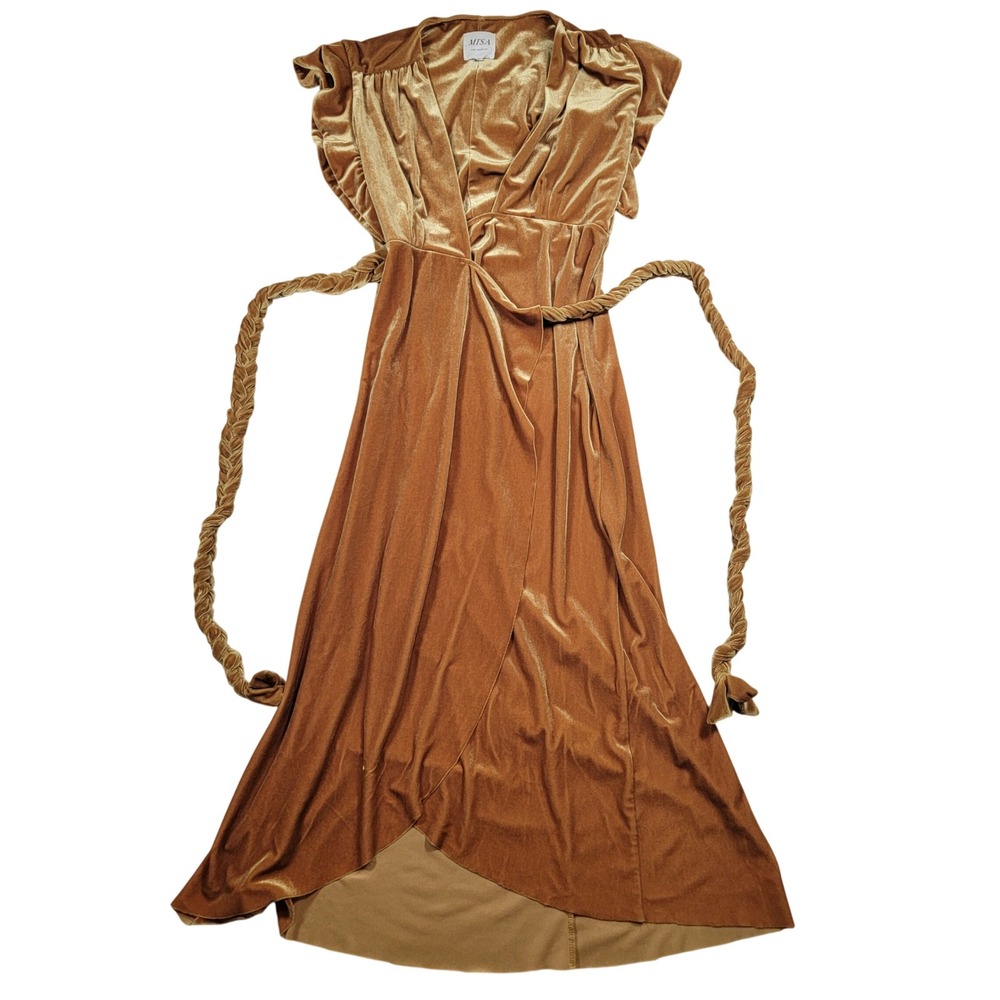 MISA Carolina Velvet Wrap Midi Dress Womens Sz Small Orange Rope Tie Made in USA